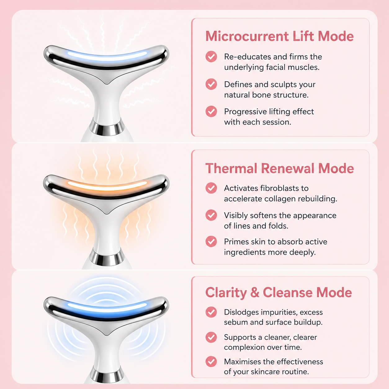 The Opalé Sculptor - Face Sculpting Device with modes for microcurrent lift, thermal renewal, and clarity cleanse on a pink background