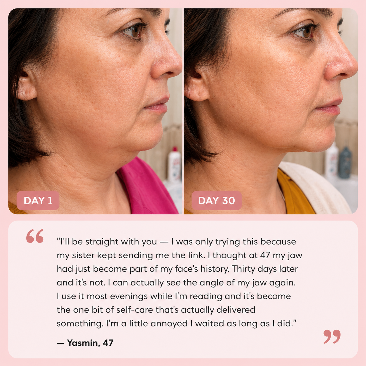 Before and after comparison of a woman's neck and jawline with a quote from Yasmin, 47, about her experience using The Opalé Sculptor - Face Sculpting Device