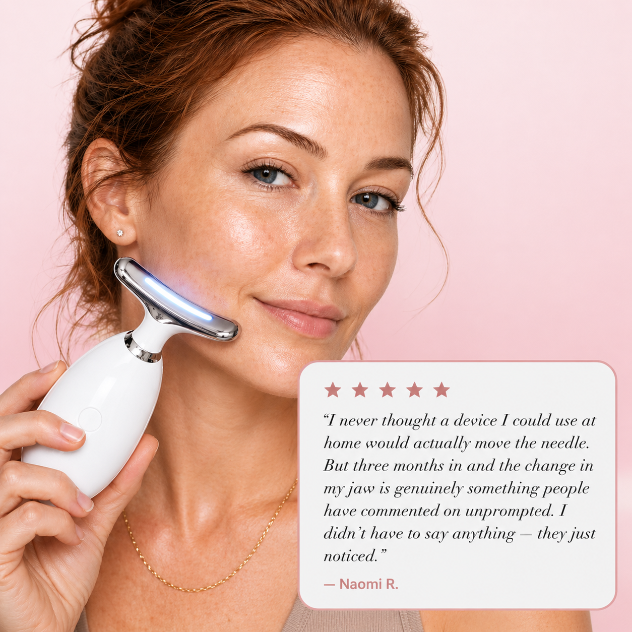 Woman using The Opalé Sculptor - Face Sculpting Device with a testimonial on a pink background