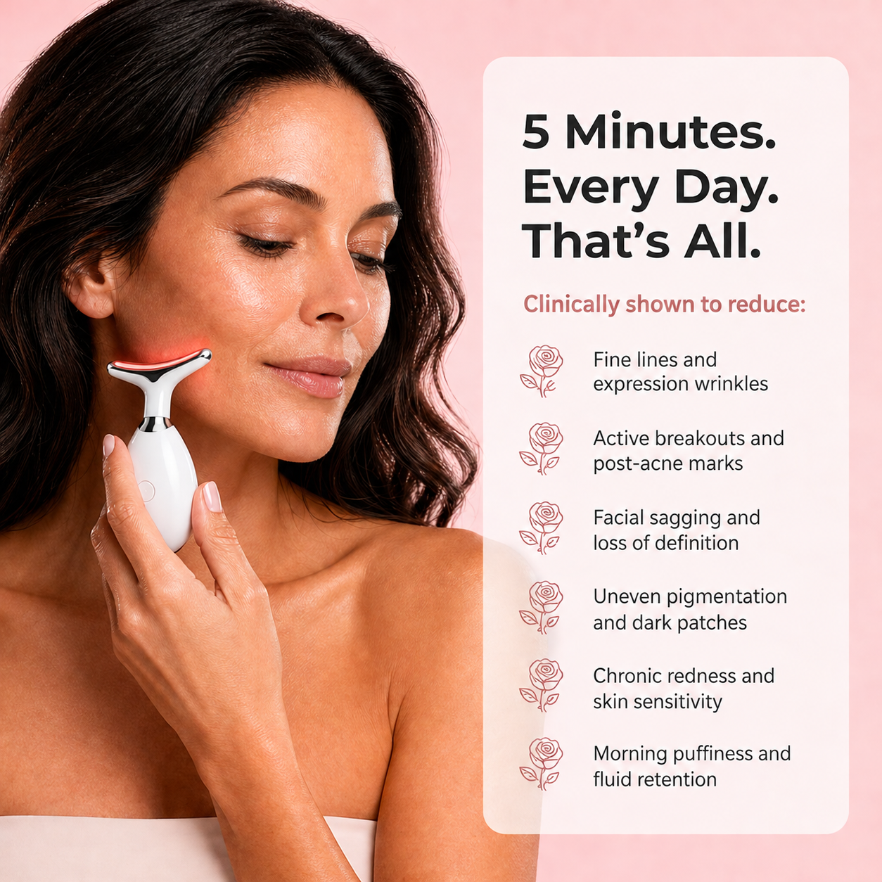 Woman using The Opalé Sculptor - Facial Sculpting Device with a pink background and text about product benefits.