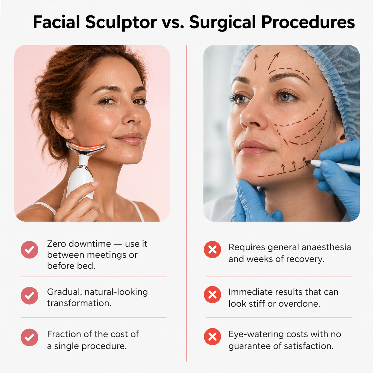 Comparison chart of The Opalé Sculptor Facial Sculpting Device vs. surgical procedures with images and text.