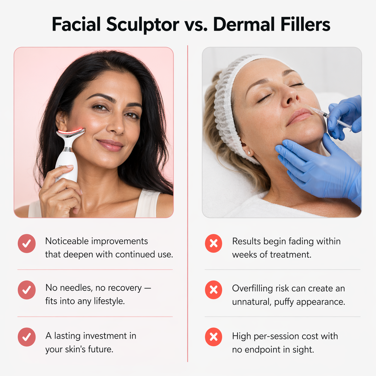 Comparison chart of The Opalé Sculptor - Face Sculpting Device and Dermal Fillers with images and text.